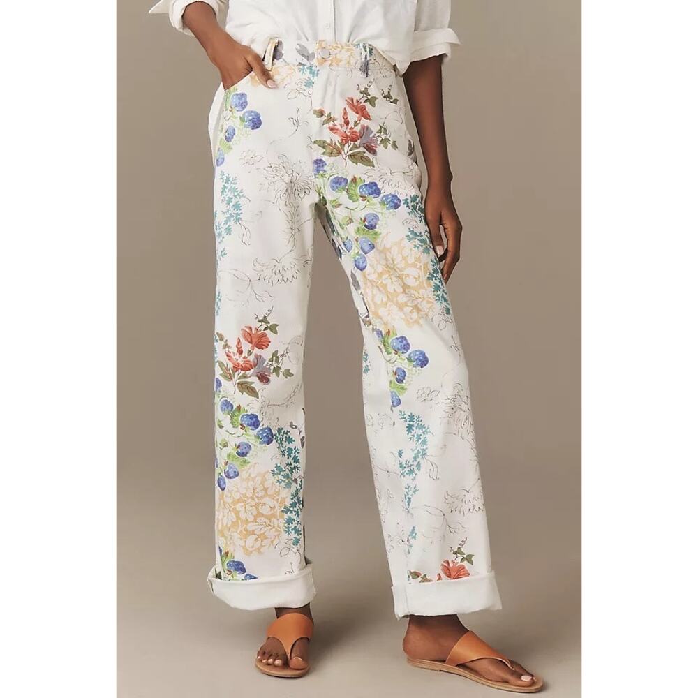 Anthropologie Pilcro Floral Cuffed Oversized High-Rise Wide-Leg Jeans 28 NWT